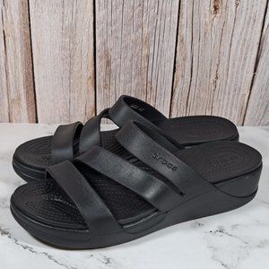 Crocs Monterey Black Strappy Platform Wedge Slipon Sandals Women's Size 11 (EUC)